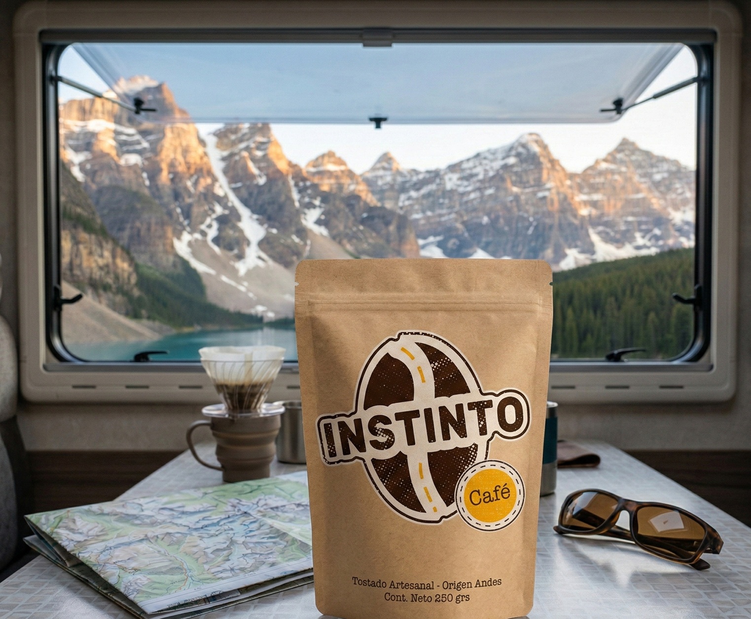 Cafe en motorhome con montaña de fondo