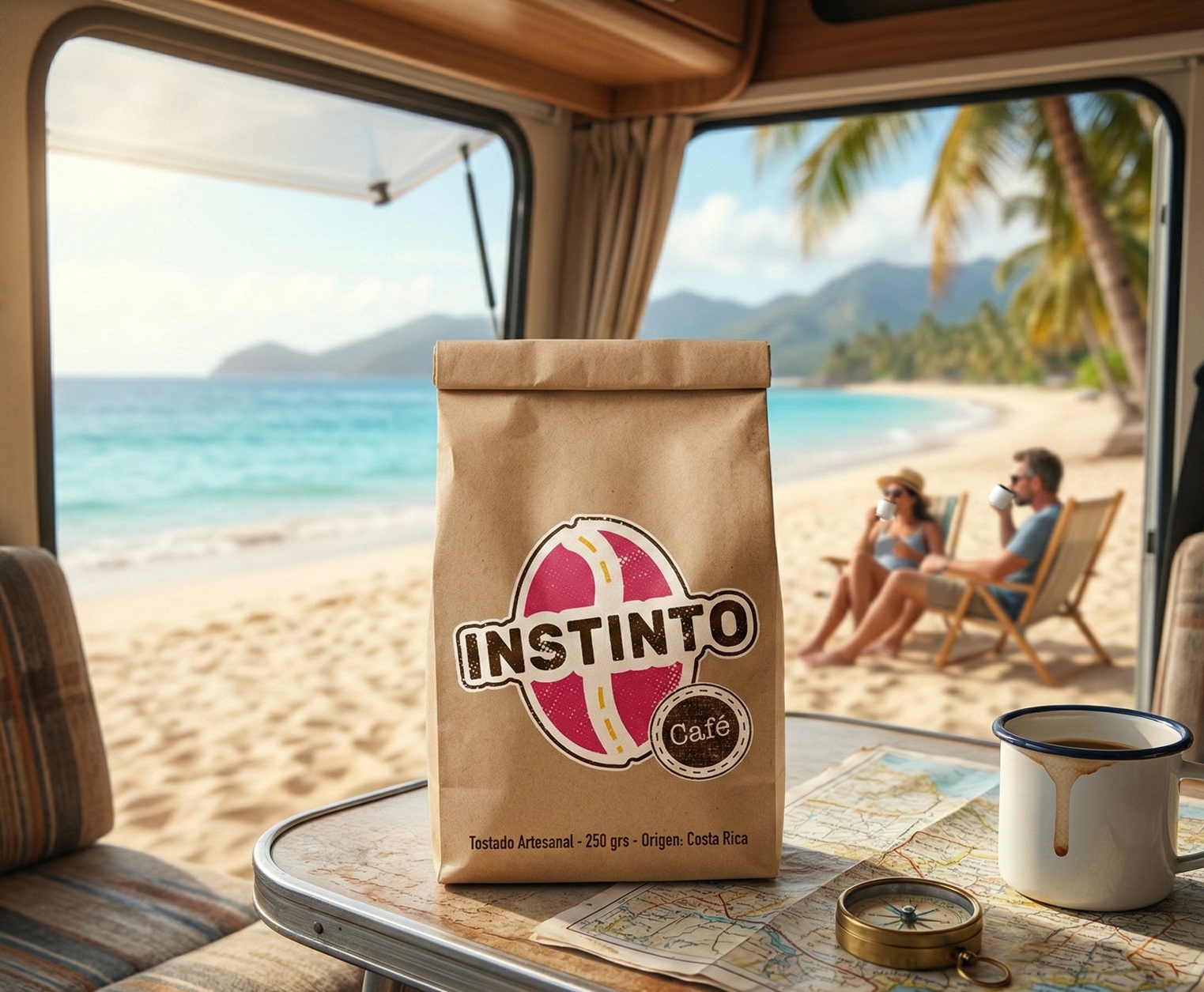 Cafe en motorhome con playa de fondo