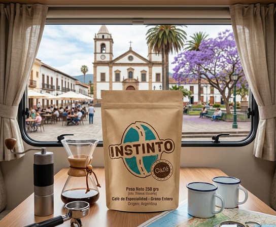 Cafe en motorhome con plaza de pueblo argentino de fondo