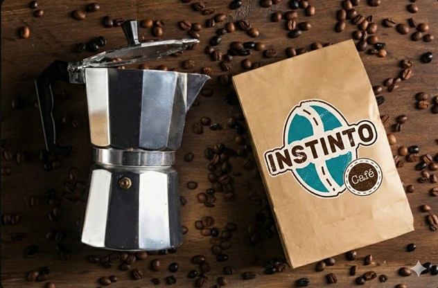 Bolsa de cafe junto a cafetera italiana